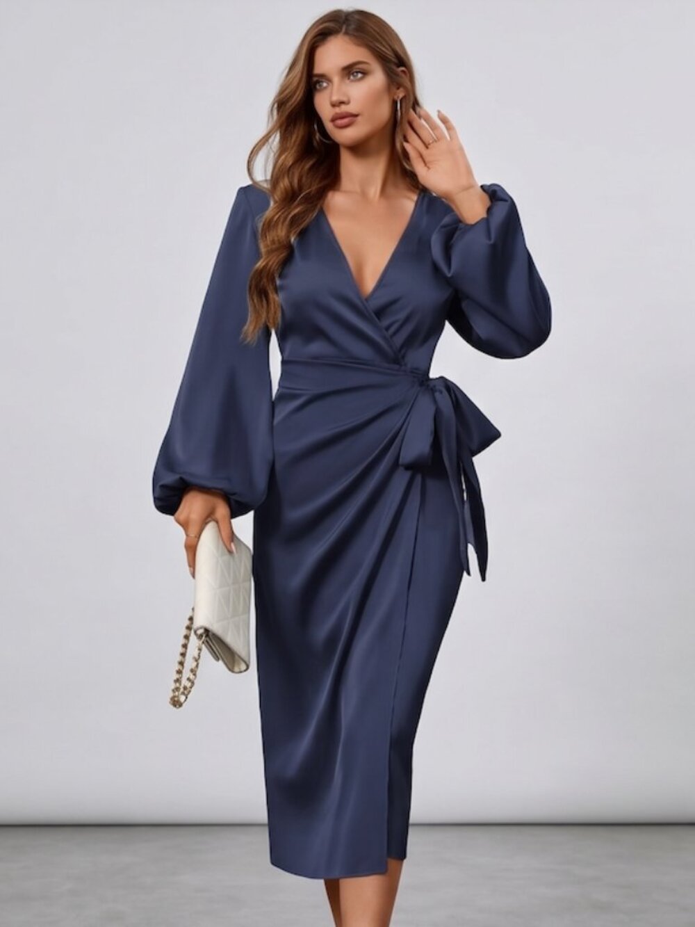 Blue Lantern Sleeve Wrap Tie Front Midi Dress
